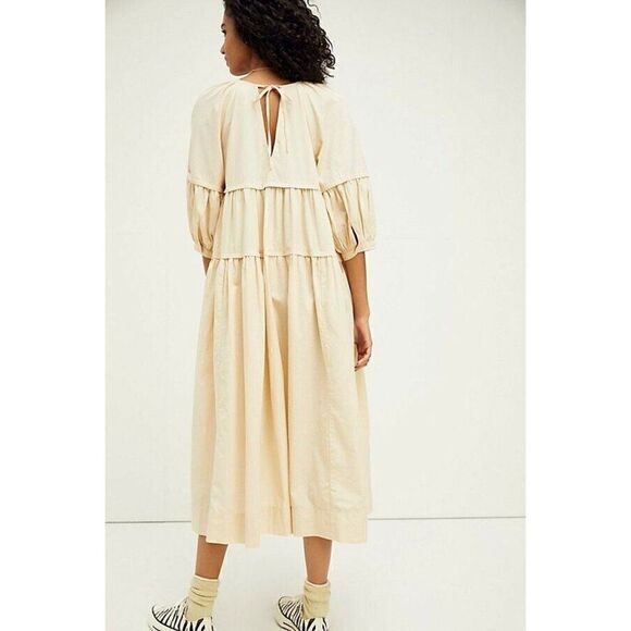 NWT FREE PEOPLE Sz S SYD POPLIN TIERED MIDI DRESS IN NATURAL - Picture 2 of 2
